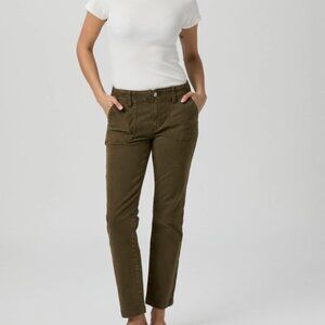 PAIGE Mayslie Straight Ankle Pant in olive meadow features utility patch pockets
